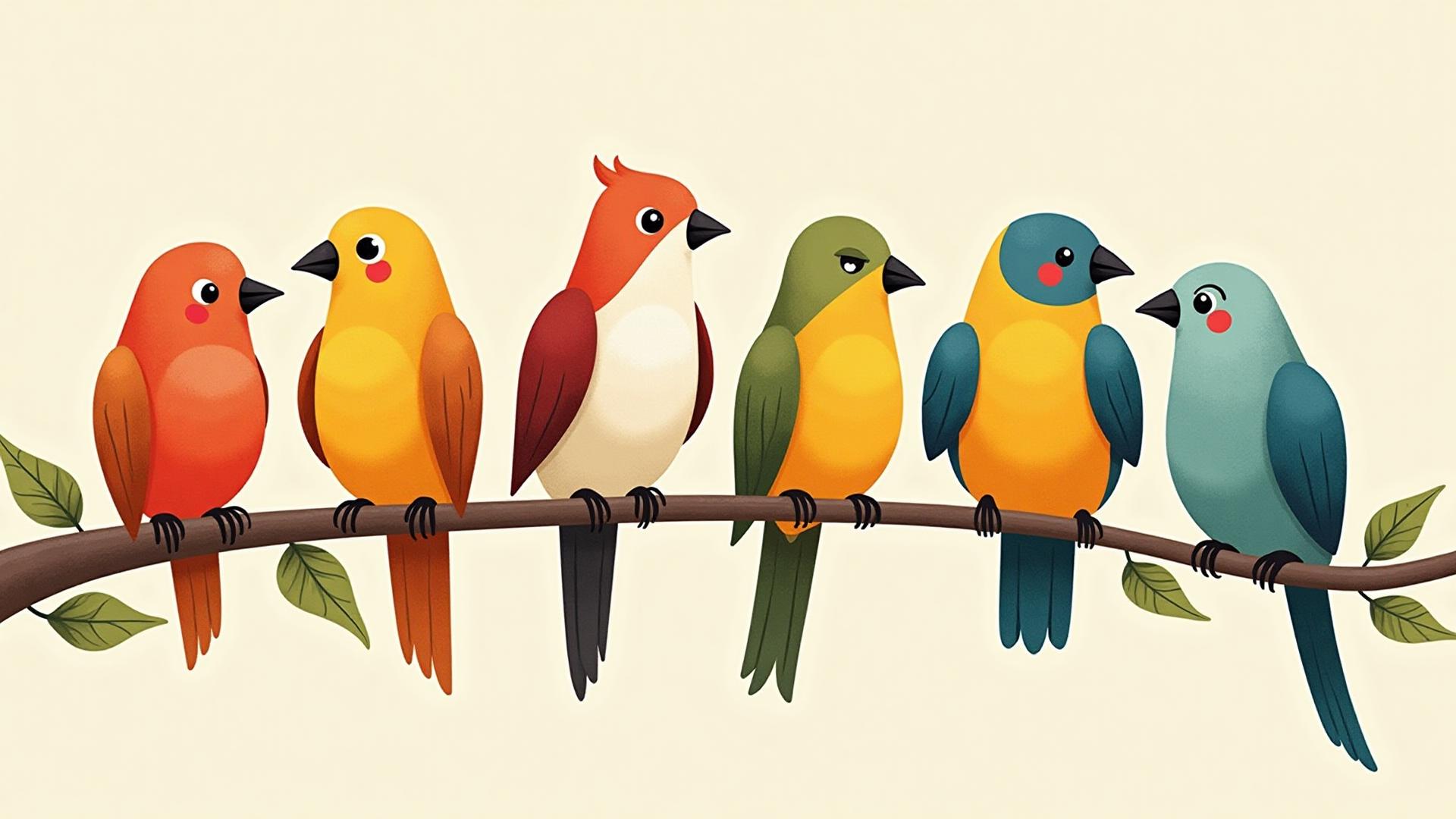 Kleurrijke vogels op een tak - Pluimage Verhalen